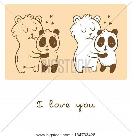 Valentine's set  with cute cartoon  bear and panda.  Happy couple. Animals Lovers. Children's illustration. Two variants vector contour  image, transparent  background and white fill.