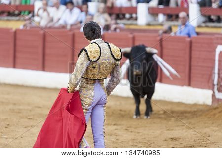 Andujar Spain - September 10 2011: The Spanish Bullfighter Sebastian Castella bullfighting with the crutch in the Bullring of Andujar Spain