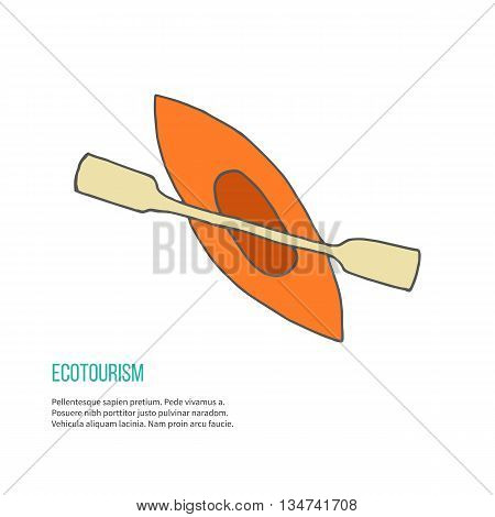 Canoe with pedals. Ecotourism colorful flat design element isolated on a white background. Emblem, design concept, logo, logotype template. Hand drawn doodle vector illustration.