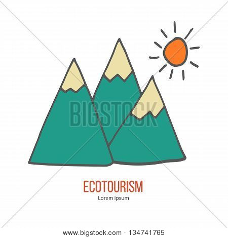Mountains and sun. Ecotourism colorful flat design element isolated on a white background. Emblem, design concept, logo, logotype template. Hand drawn doodle vector illustration.