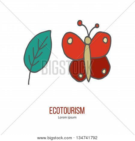 Butterfly and leaf. Ecotourism colorful flat design element isolated on a white background. Emblem, design concept, logo, logotype template. Hand drawn doodle vector illustration.