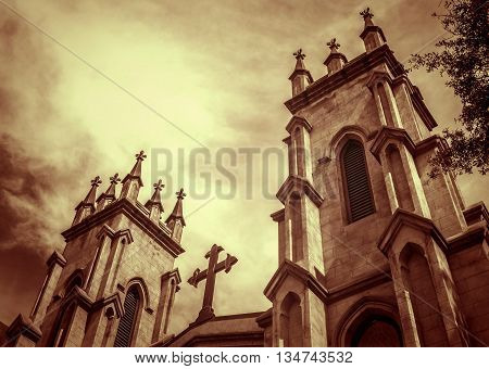 Historic Gothic Style Episcopal Cathedral Against Sky