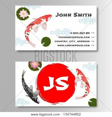 Template for business card with sun and carp koi in Japanese style. Vector illustration