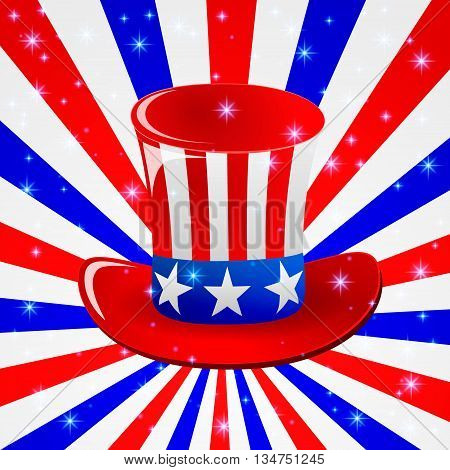 Patriotic Uncle Sam hat for 4th of July public holiday card greetings in vector format. Cartoon or doodle style. American stars and stripes backgrounf in american national colours