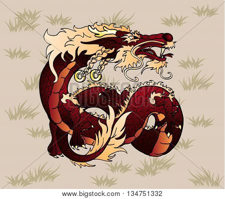 Artful brown earth Asian Chinese dragon against a brown grass