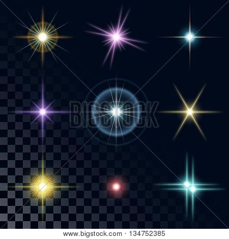 Set of the realistic beautiful multicolored star fires and flashes on a transparent background a vector illustration. Blue, red, yellow, pink, violet stars.