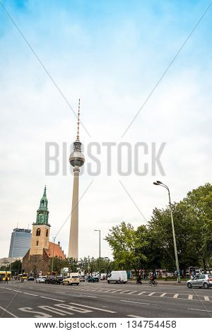 BERLIN, GERMANY- May 16: Tv tower or Fersehturm in Berlin on May 16, 2016. BERLIN, Germany.