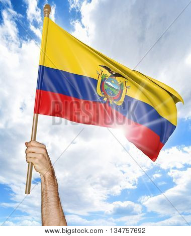Person's hand holding the Ecuadorian national flag and waving it in the sky, 3D rendering