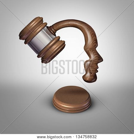 Legal mind law thinking concept and judgement symbol as a judgement mallet or gavel made shaped as a human head as a metaphor for strategies in legislation or intelligent legal opinions and judge or lawyer ideas as a 3D illustration.