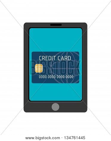 black electronic device with blue screen and blue credit card on the screen over isolated background, vector illustration