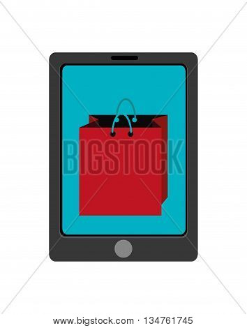 black electronic device with blue screen and red shopping bag icon over isolated background, vector illustration