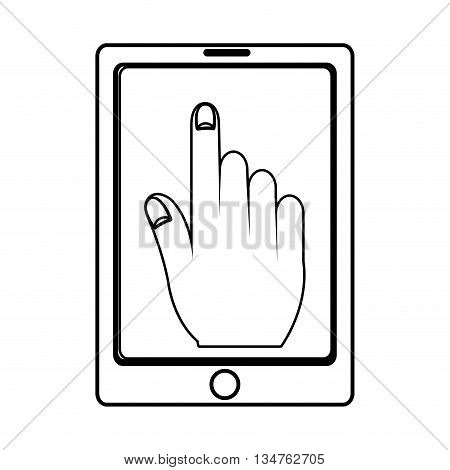 electronic device with human hand on the screen over isolated background, commerce concept , vector illustration