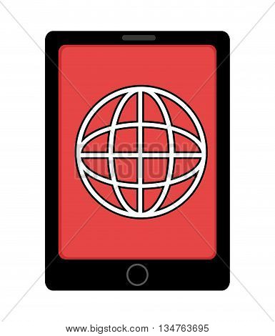 black electronic device with red screen and white world map icon over isolated background, vector illustration