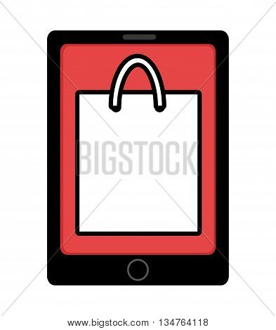 black electronic device with red screen and white shopping bag icon over isolated background, vector illustration