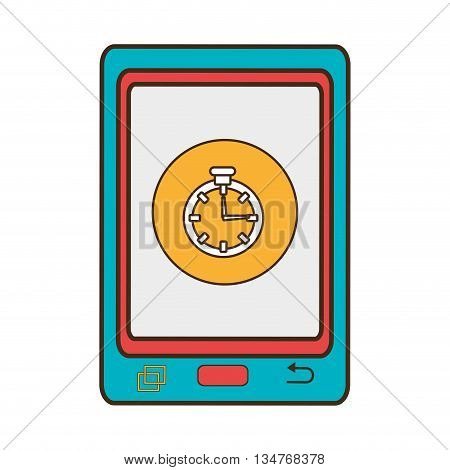blue electronic device with yellow circle on the screen and stopwatch icon, communication concept, over isolated background, vector illustration