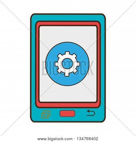 blue electronic device with blue circle on the screen and settings icon, communication concept, over isolated background, vector illustration