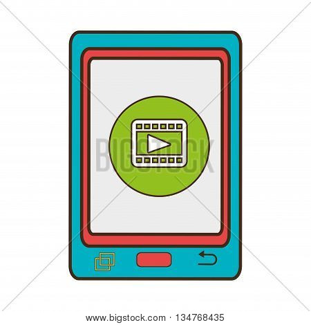 blue electronic device with green circle on the screen and media icon, communication concept, over isolated background, vector illustration