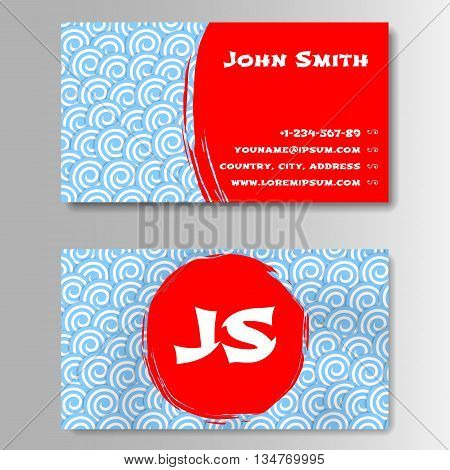 Template for business card with sun and waves in Japanese style. Vector illustration