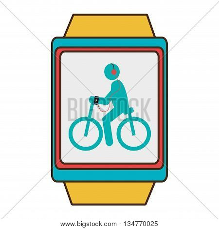 yellow watch with blue and red frame cartoon human riding a bike side vier with headphones over isolated background, vector illustration