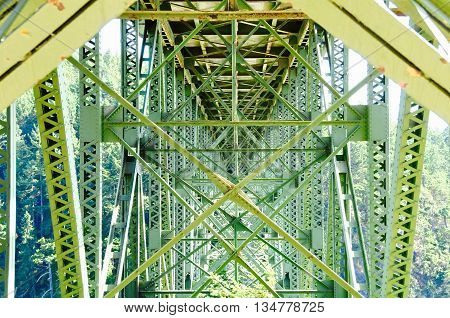 Steel bridge structure looking from the bottom up.