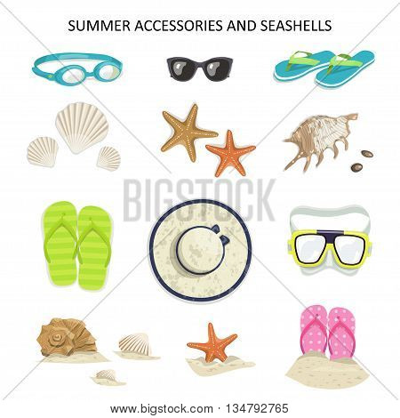 Set summer accessories and seashells on a white background. Vector icons glasses, diving mask, flip-flops, shells, starfish, hat