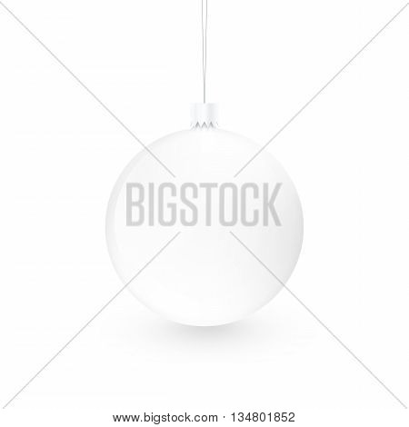 Blank white christmas ball toy isolated. Empty xmas sphere mock up design presentation 3d illustration. New year decoration mockup from fir-tree ready for your logo art texture or ornament concept. Clear fir globe.