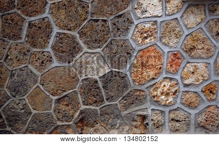 Closeup of sandstone wall honeycomb masonry texture