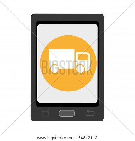 black smartphone with yellow circle and white truck icon over isolated background, vector illustration