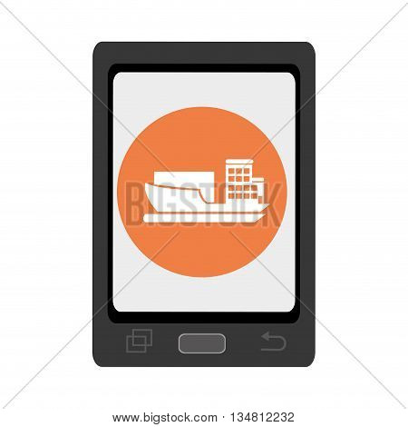 black smartphone with orange circle and white cargo ship icon over isolated background, vector illustration