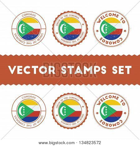 Comoran Flag Rubber Stamps Set. National Flags Grunge Stamps. Country Round Badges Collection.