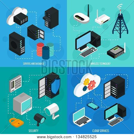 Data center 2x2 isometric icons set with database cloud services security and wireless technology isolated isometric vector illustration