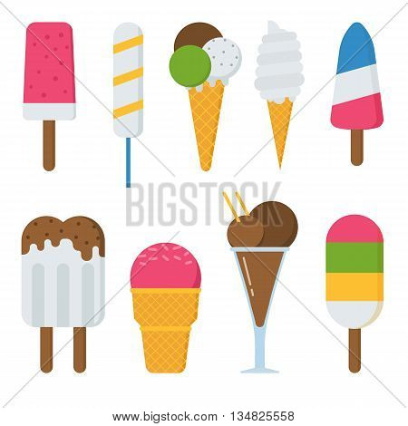 Different vector sweet frozen ice cream collection. Various flat design ice-cream set. Summer cold ice-creams with fruits and chocolate. Colorful strawberry icecream dessert illustration isolated.