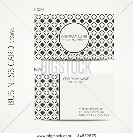 Vector simple business card design. Template. Black and white. Business card for corporate business and personal use. Calling card. Geometric monochrome line lattice arabicpattern. Oriental style.