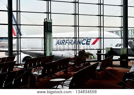 PARIS FRANCE - JUNE 11: Huge A380 Airbus airplane is seen on Charles de Gaulle International Airport on June 11 2016 in Paris. Air France announced a pilot strike between 11 and 14 of June.