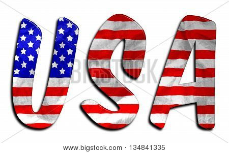 USA word with a beveled American flag texture on an isolated white background with a clipping path with and without the shadow
