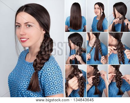 Hair tutorial. Hairstyle braid tutorial. Backstage technique of weaving plait. Hairstyle. Tutorial