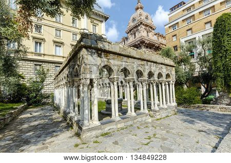 12th century cloisters standing in a small garden (between Porta Soprana and Christopher Columbus' house) - are all that remain of the convent that once stood here. Genoa Italy.