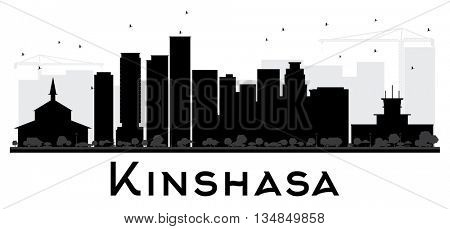 Kinshasa City skyline black and white silhouette. Simple flat concept for tourism presentation, banner, placard or web site. Business travel concept. Cityscape with landmarks