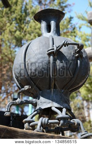 Irkutsk region Russia - May10 2015: Iron sculpture of samovar - special tea urn used in Russia