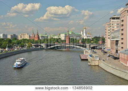 Moscow river and the Kremlin. Summer landscape of the Moscow Kremlin and the waterfront.