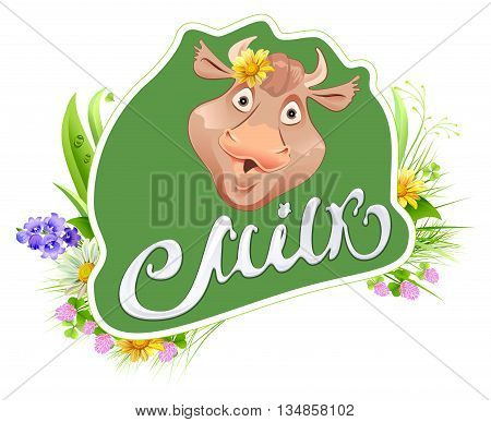 Milk label template for packing. Cow head and meadow grass. Milk lettering text. Vector cartoon illustration