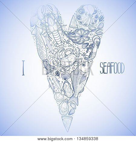 Graphic seafood in the shape of tilda heart. Sea and ocean creatures isolated on white background. Coloring book page design