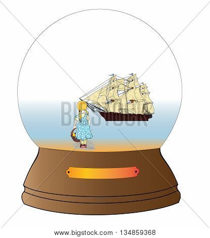 composition of glass bowl. girl meets the ship in the sea. vector illustration