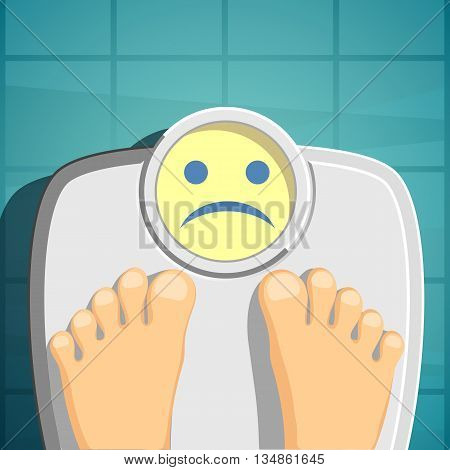 Overweight and Scales for weighing. Stock Vector cartoon illustration.