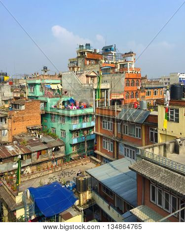 India, Varanasi, - March 7, 2015: Vertical panorama of indian city rooftops, India Varanasi landscape, Benares cityscape