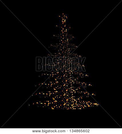 Illustration Abstract Pine Tree Made of Golden Confetti Isolated on Black Background - Vector