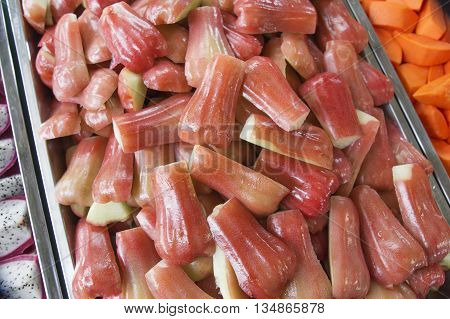 Rose apple is red fruit on Tray / Top view