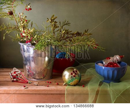 Christmas vintage still life setting on wooden table
