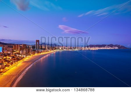 Benidorm sunset Poniente beach in Alicante Mediterranean of Spain