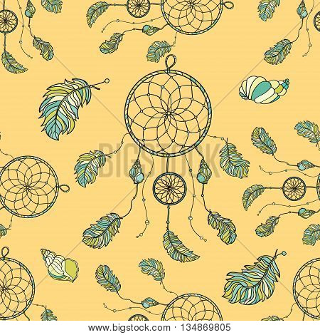 Seamless pattern with hand drawn native Indian-American dream catcher. zentangle dream catcher. Boho styled. Vector.
